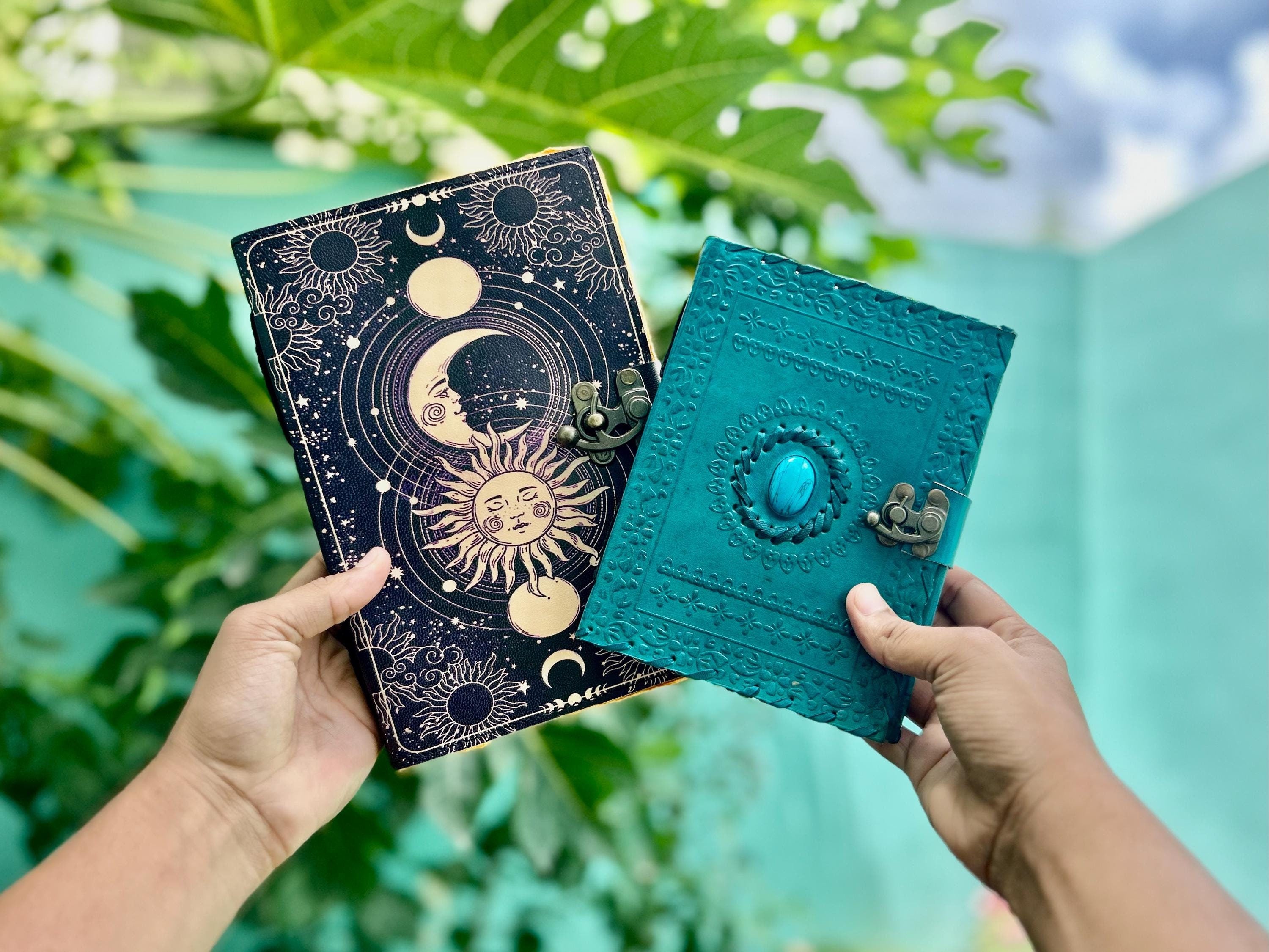 Set of 2 Leather Journals – Sun & Moon and Sky Blue One Stone (7×5 in)