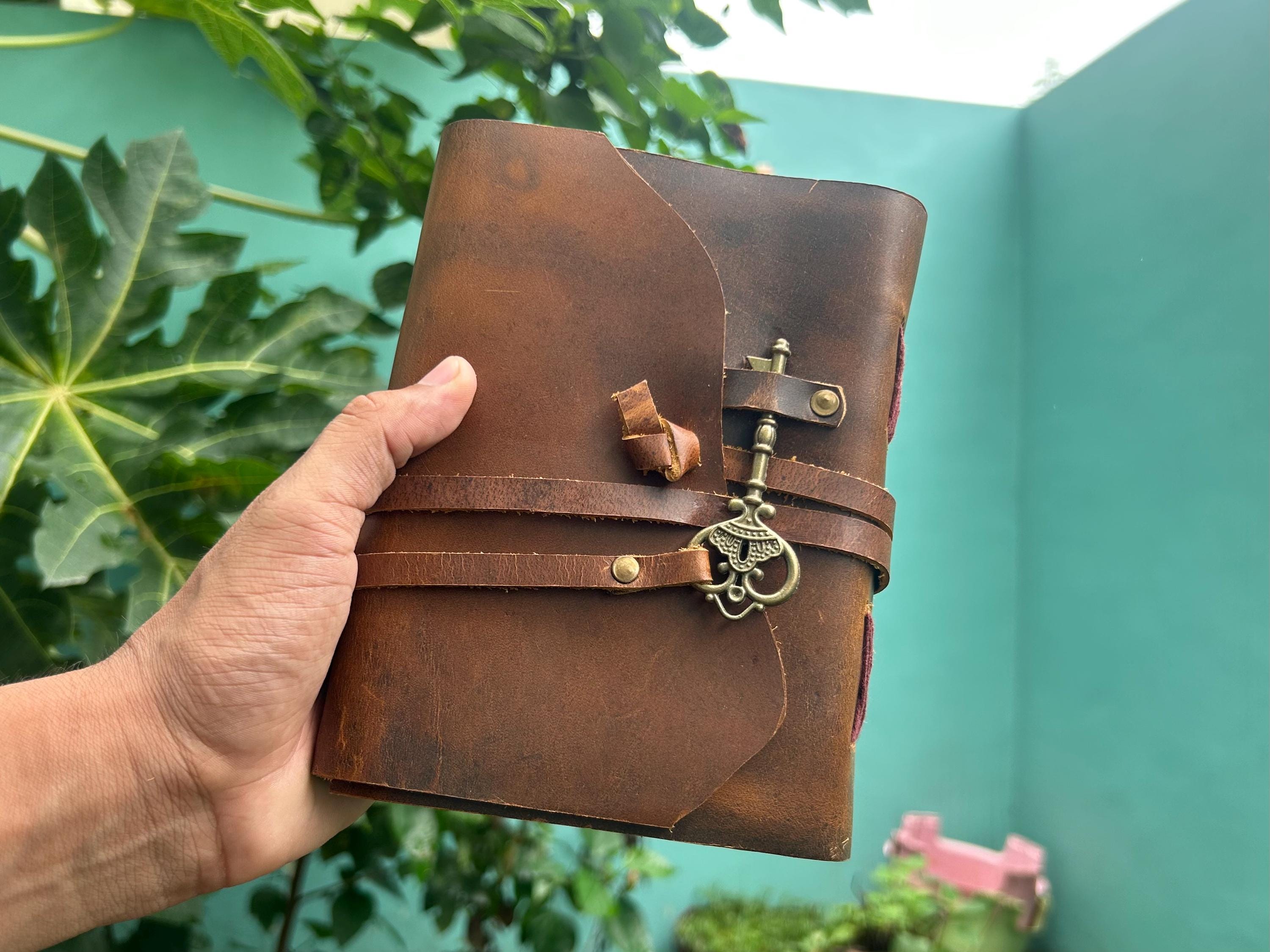 Set of 2 Leather Journals – Lock & Key and Moon Universe (7×5 in)