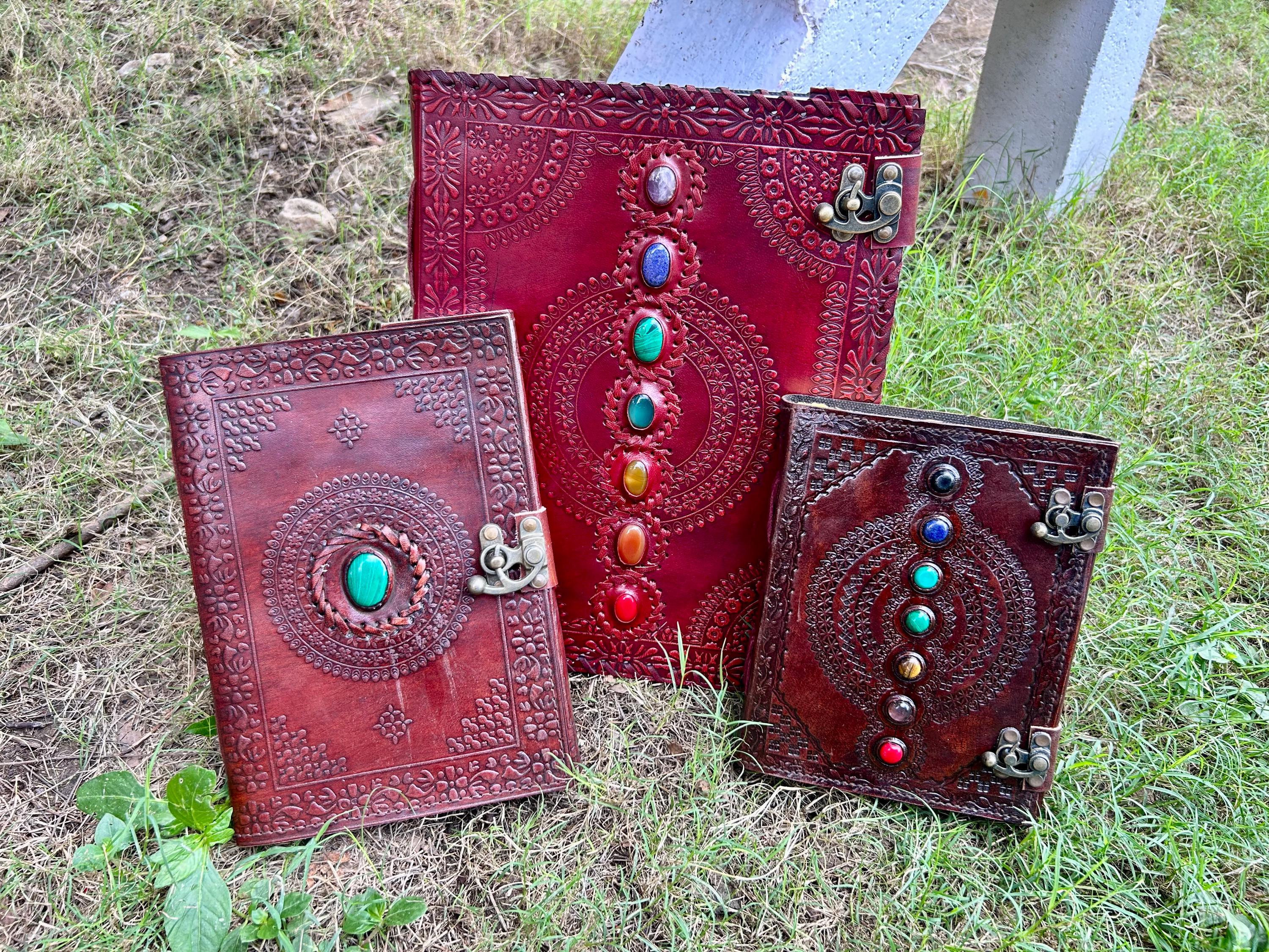 Set of 3 Brown Leather Journals – Seven Stone & One Stone (7×5, 7×10 & 10×13 in)